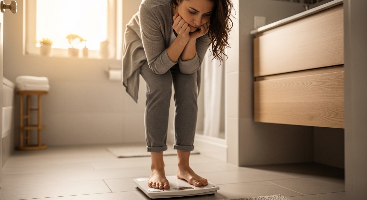 Persoon die op een weegschaal staat en nadenkend naar beneden kijkt in zacht ochtendlicht