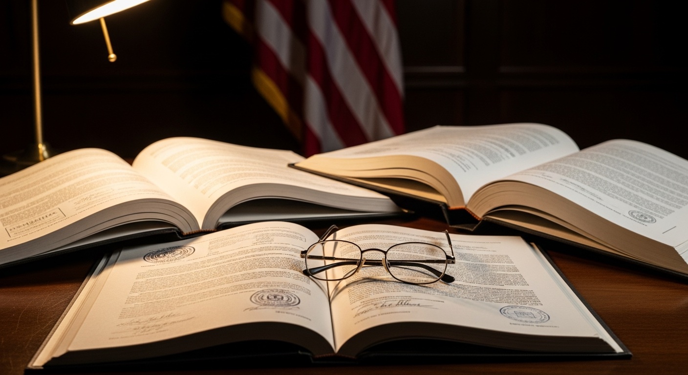 Officiële documenten op een bureau met leeslamp en leesbril
