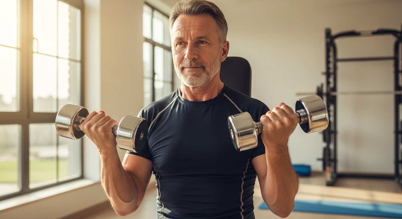 Man van middelbare leeftijd die krachttraining doet met dumbbells in daglicht