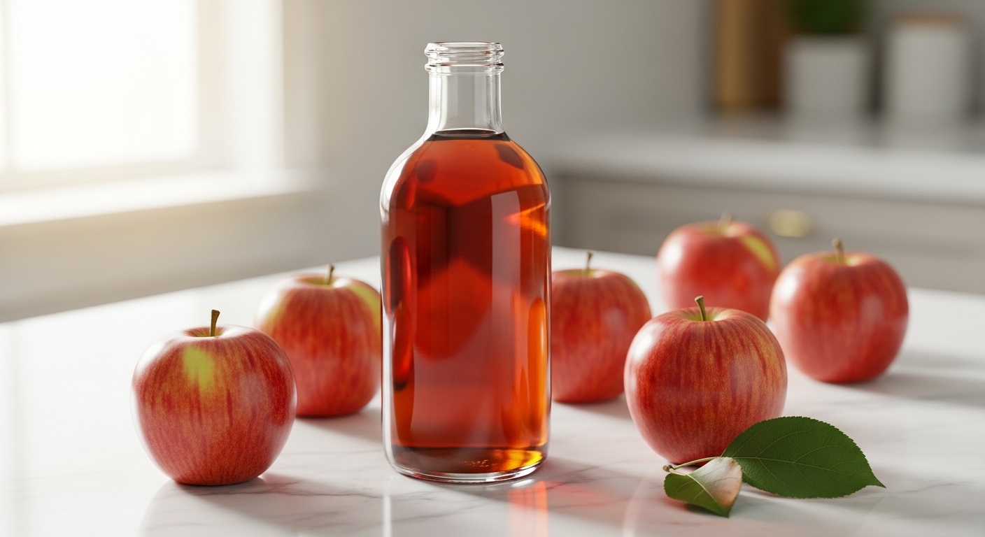 Fles appelciderazijn met rode appels op een marmeren aanrecht in zacht daglicht