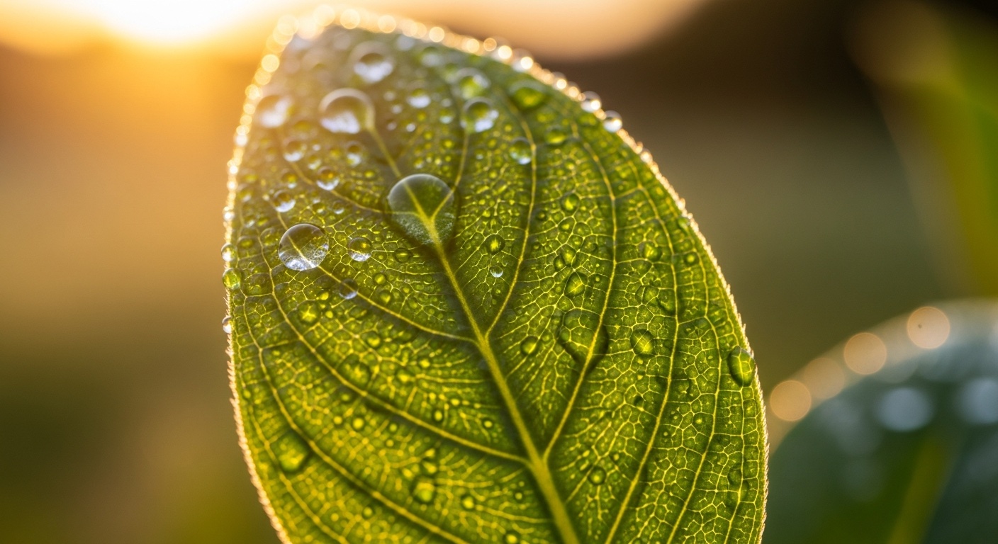 Close-up van een groen blad met dauwdruppels in gouden ochtendlicht