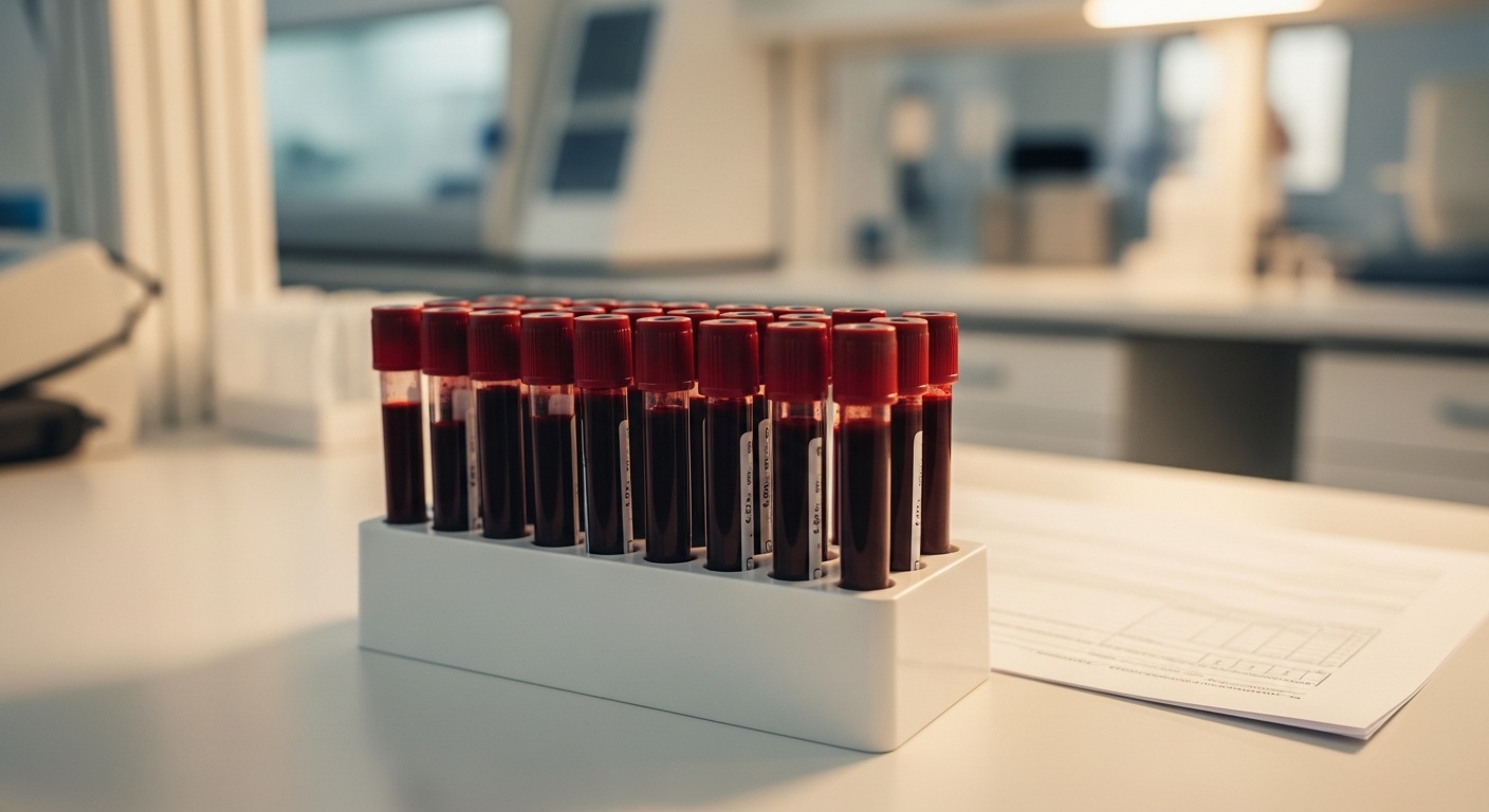 Bloedbuisjes in een laboratoriumrek met medisch formulier op de achtergrond