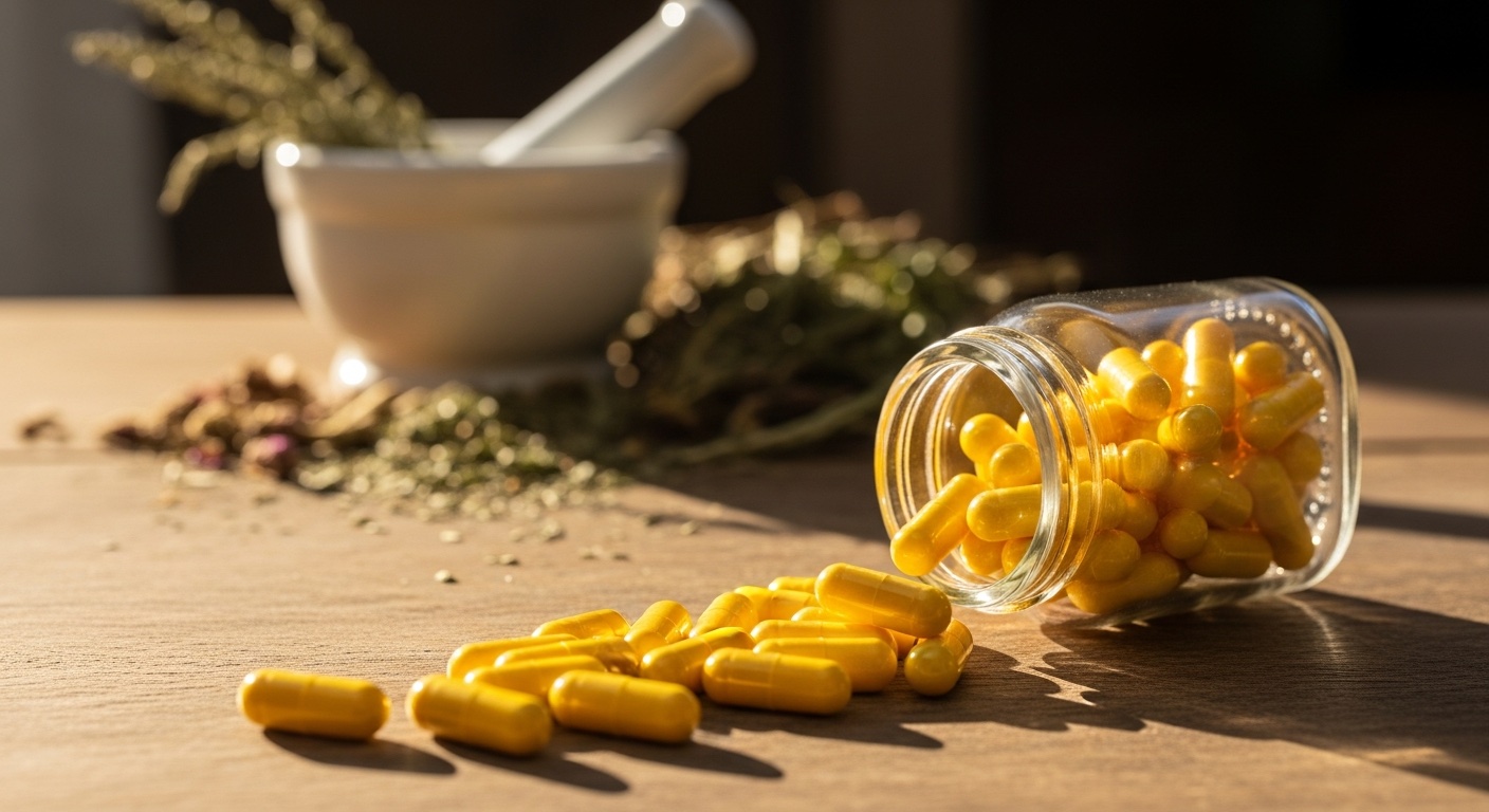 Gele berberine capsules uit een glazen potje op een houten oppervlak met kruiden op de achtergrond