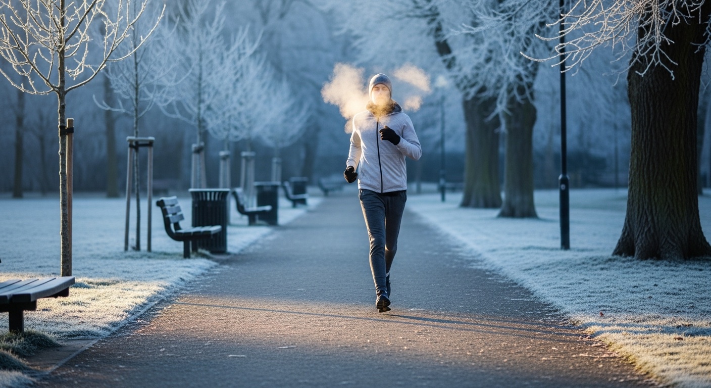 Persoon die buiten sport op een frisse winterochtend met zichtbare adem in de koude lucht