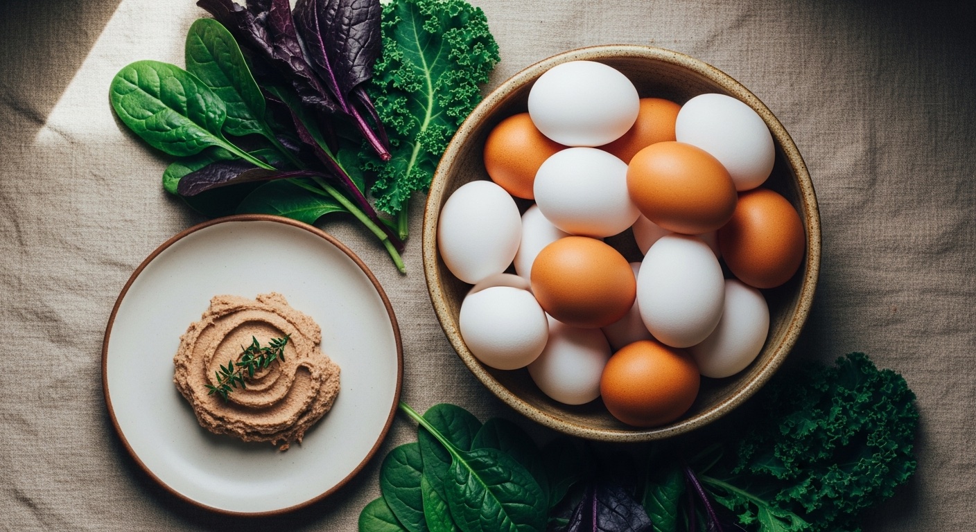 Eieren, lever en groene bladgroenten als bronnen van choline op een houten snijplank
