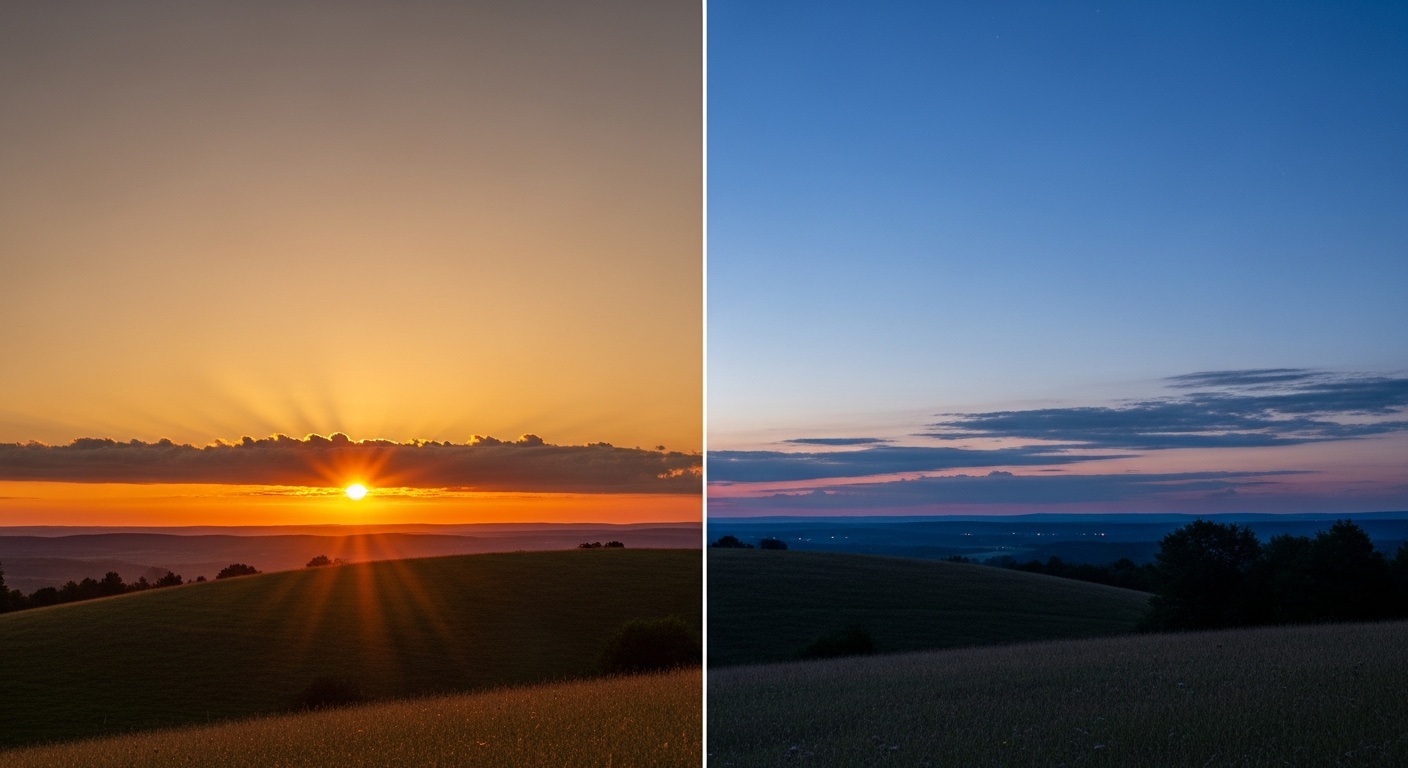 Overgang van zonsopgang naar schemering boven een landschap
