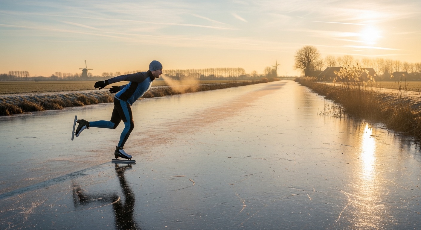 Schaatser op een bevroren Nederlandse vaart bij laag winterzonlicht