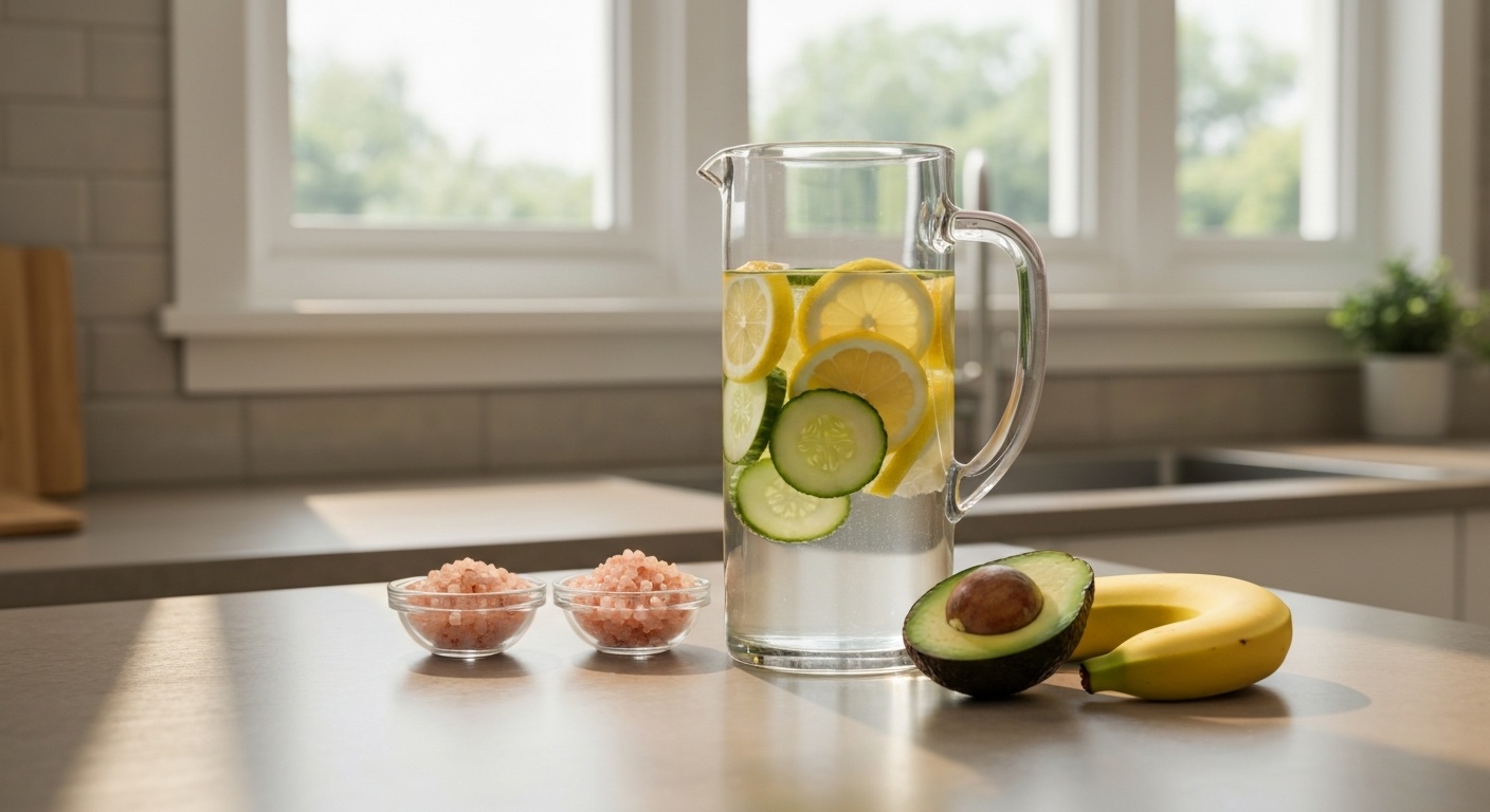 Glazen kan met water, citroen en komkommer naast avocado en zout op een zonnig aanrecht