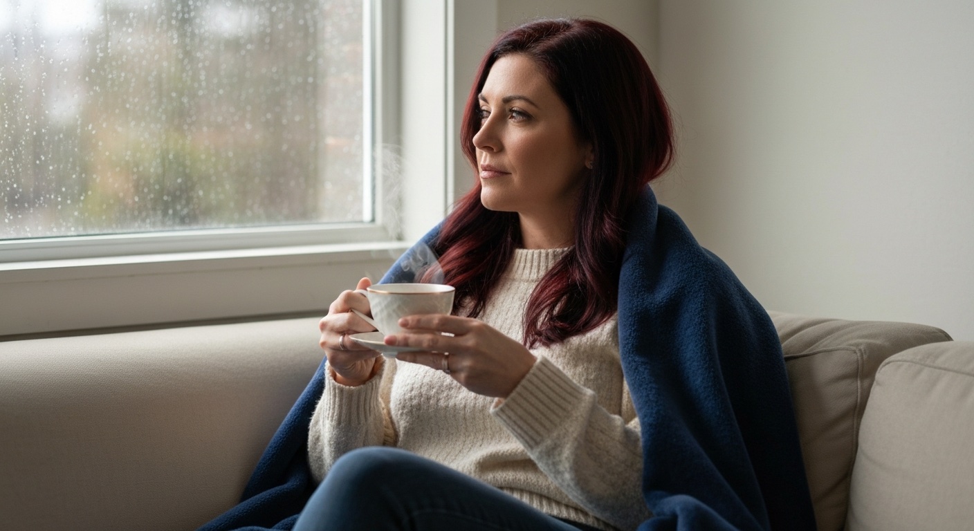 Vrouw met een kop thee die nadenkend uit een regenachtig raam kijkt