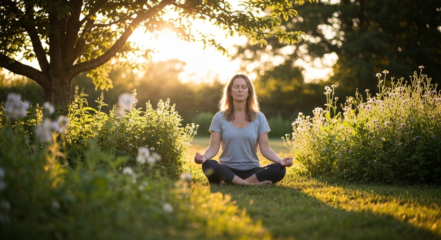 Persoon die mediteert in een vredige tuin bij golden hour