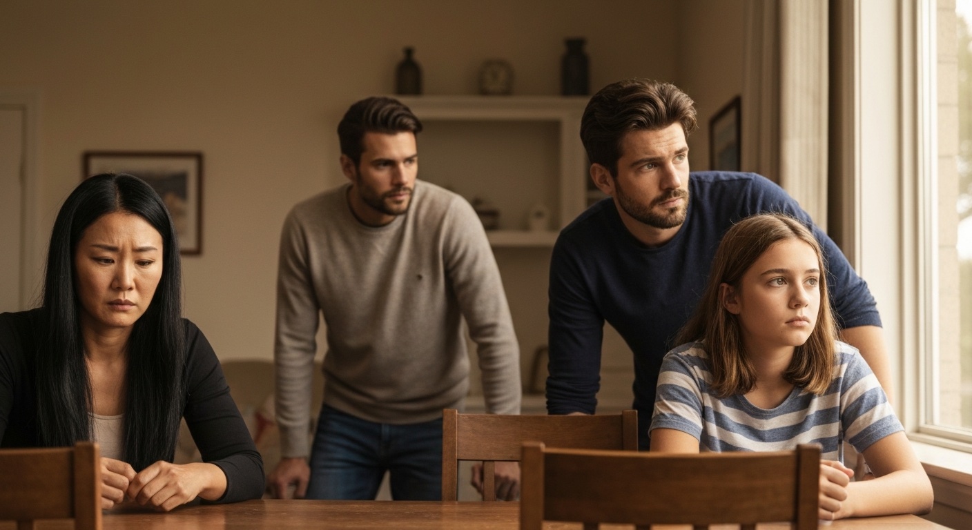 Gezin aan een eettafel met zichtbare spanning en afstandelijkheid