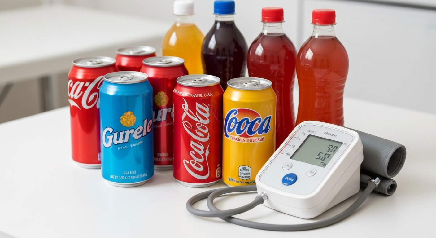 Frisdranken naast een bloeddrukmeter op een witte medische tafel