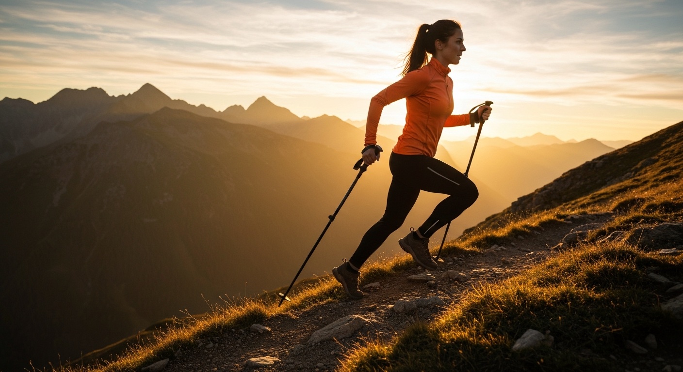 Wandelaar die bergopwaarts klimt bij zonsopgang met gouden tegenlicht