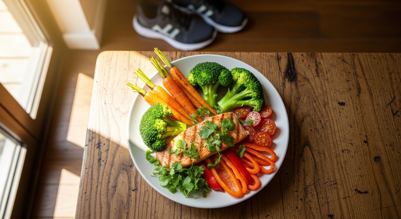 Bord met groenten en eiwit op een keukentafel met wandelschoenen op de achtergrond