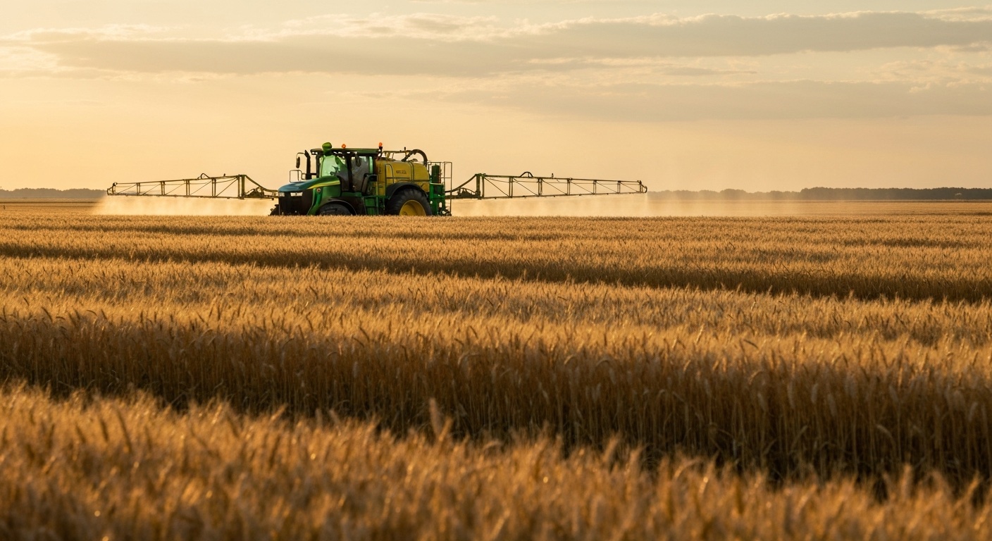 Tarweveld bij golden hour met landbouwbespuiting op de achtergrond