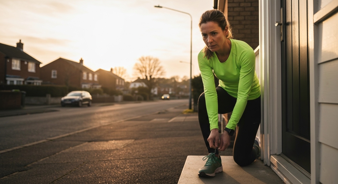 Persoon die hardloopschoenen aantrekt op de stoep in het vroege ochtendlicht