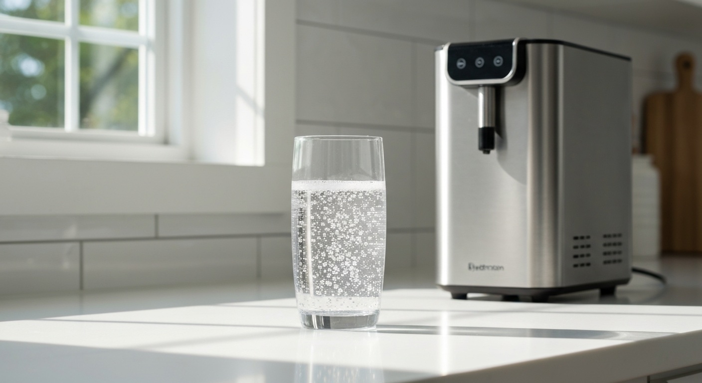 Glas bruisend water met waterstofbellen naast een waterstofgenerator op een wit aanrecht