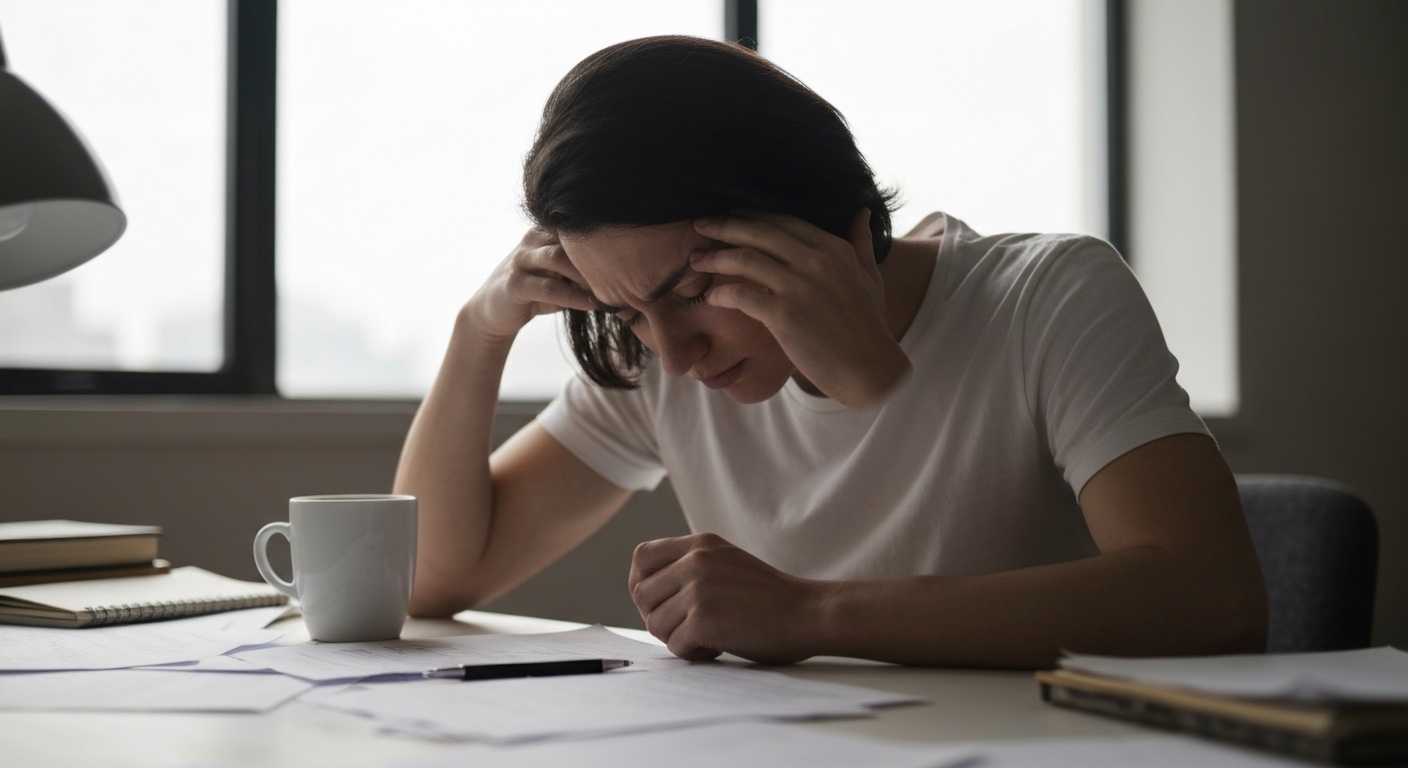 Persoon aan een bureau die vermoeid de slapen masseert met gesloten ogen