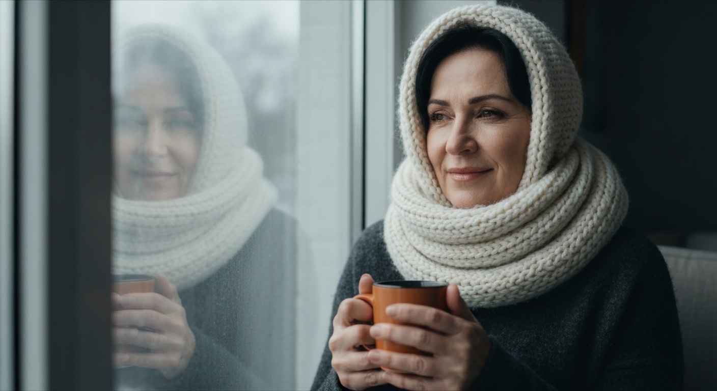 Vrouw met dikke sjaal bij een raam op een grijze dag met een warme drank