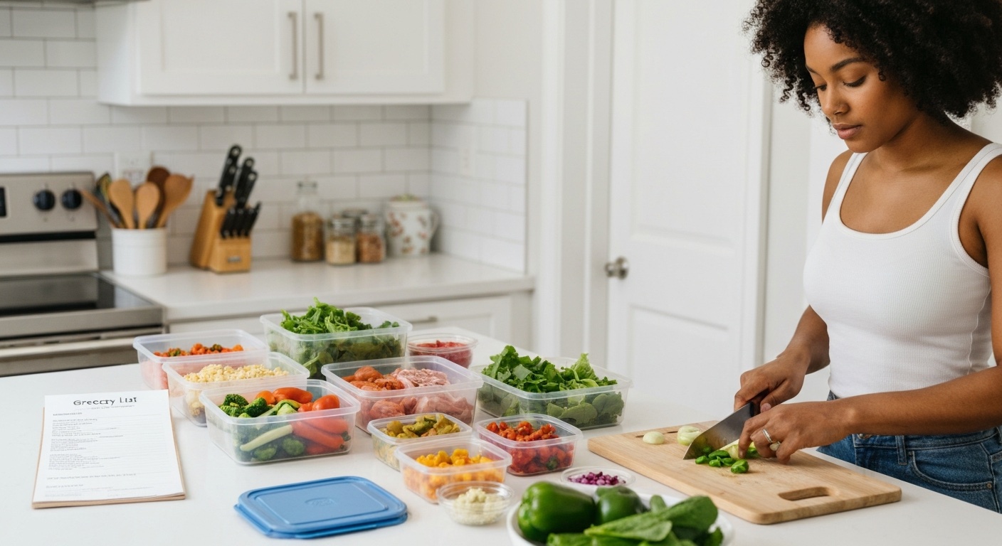 Keuken met georganiseerde mealprep bakjes, boodschappenlijst en verse ingrediënten