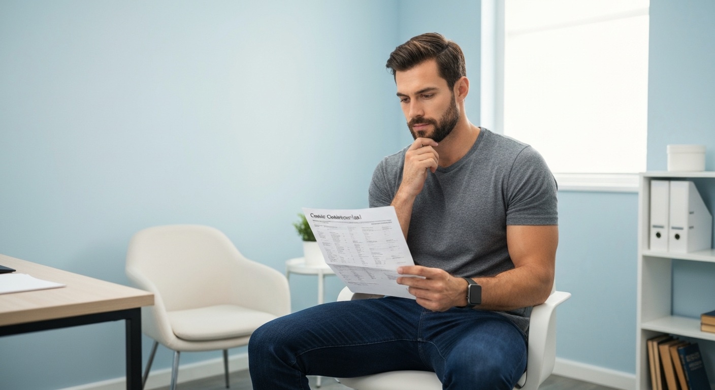 Slanke atletische persoon die labresultaten bekijkt in een spreekkamer