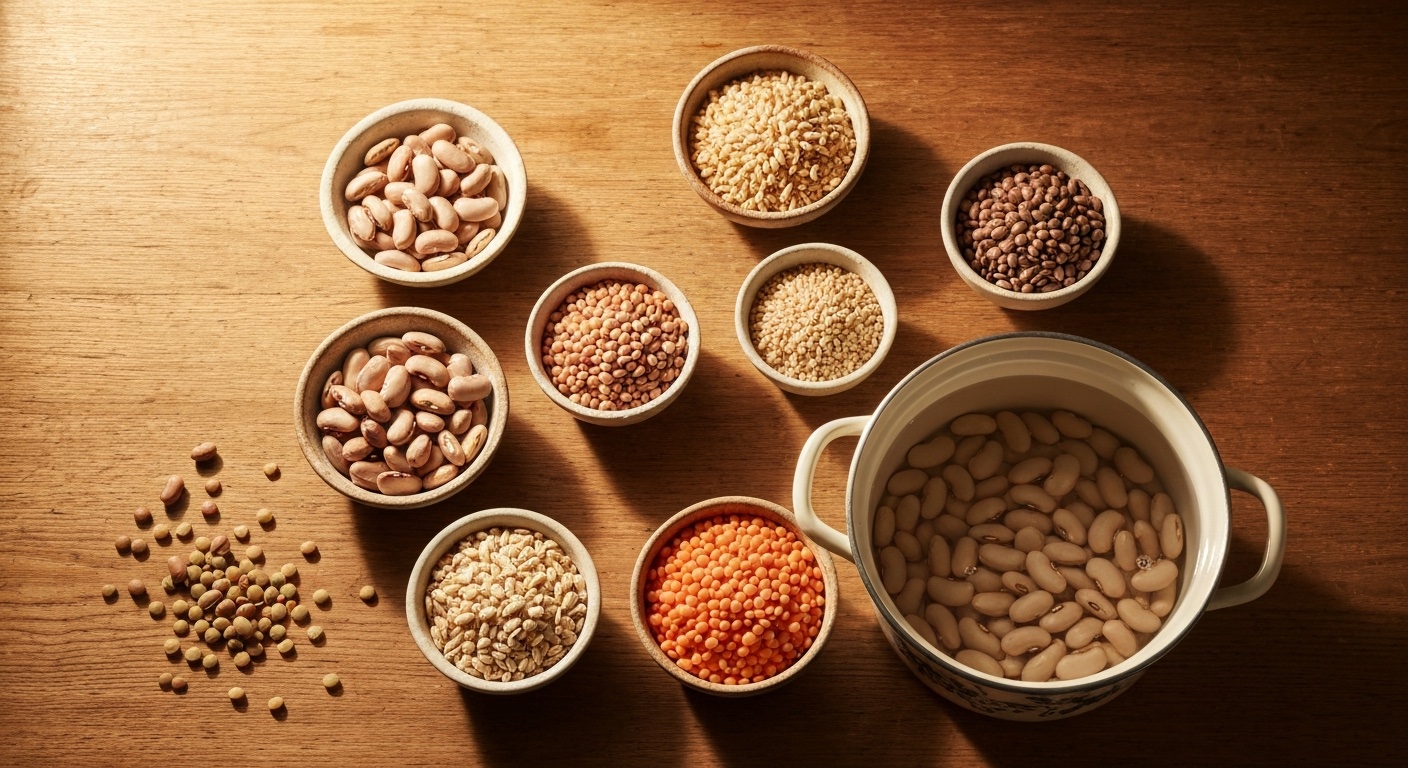 Gedroogde bonen, linzen en granen in keramische kommetjes op een houten tafel
