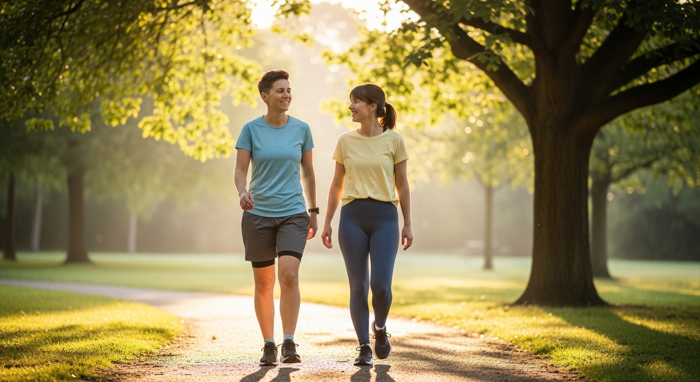 Twee mensen die samen wandelen in een park met ochtendlicht door de bomen