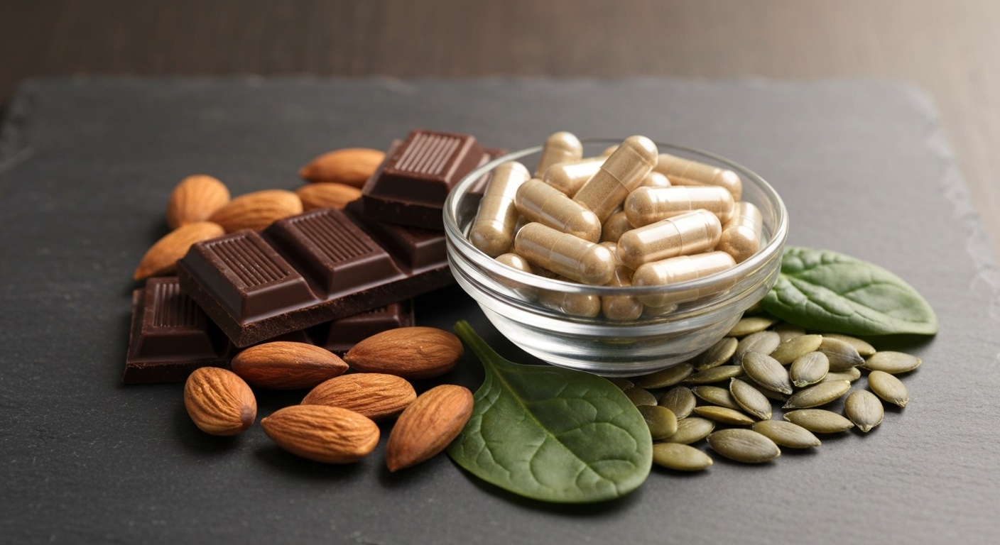 Pure chocolade, amandelen, spinazie en pompoenpitten rond magnesium supplementen
