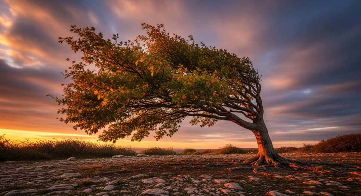 Een boom die buigt in de wind maar stevig geworteld blijft - metafoor voor veerkracht