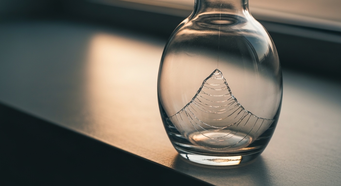 Glazen vaas met barst op een vensterbank in zacht middaglicht