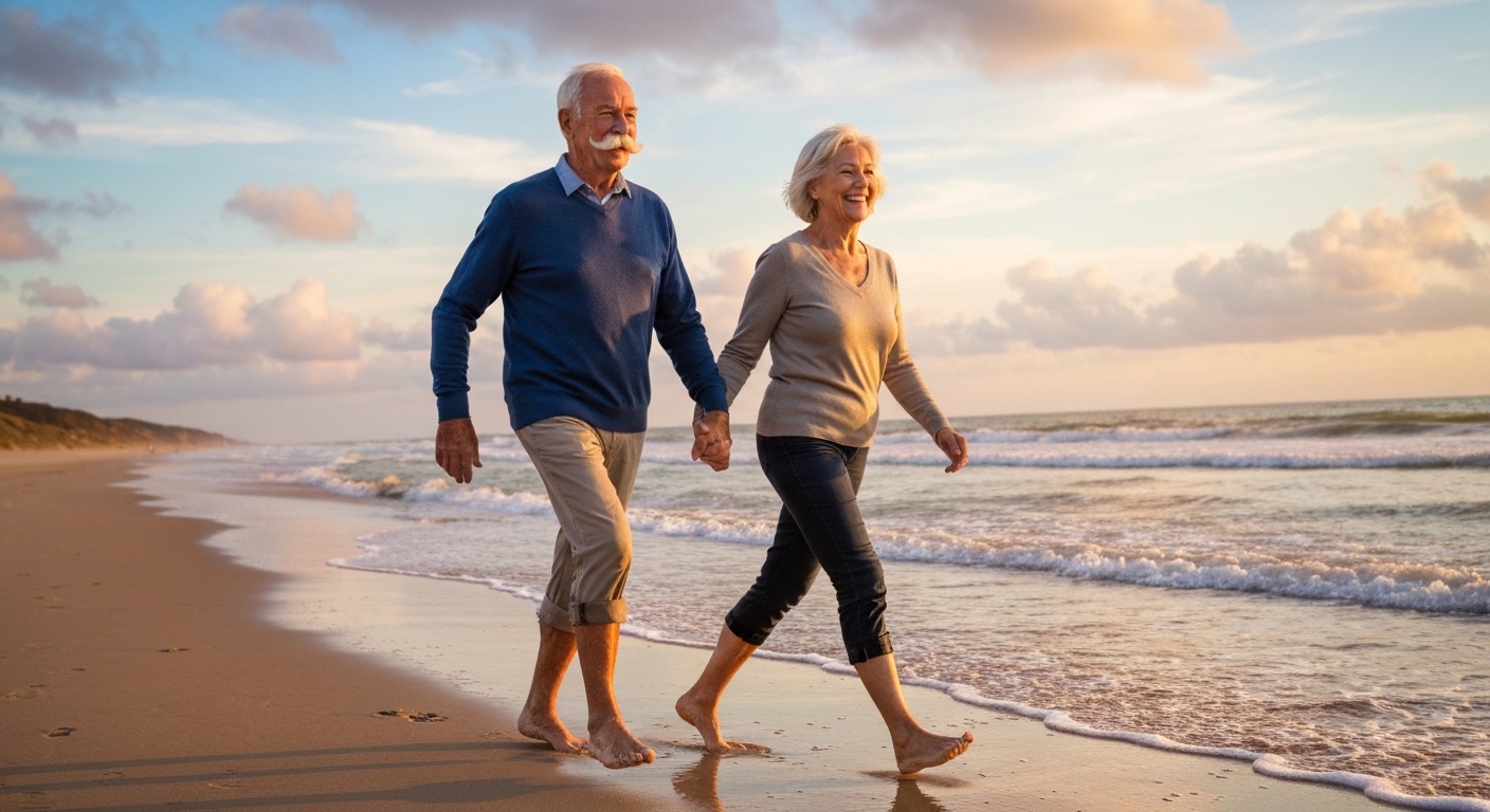 Actief ouder echtpaar dat hand in hand over het strand wandelt bij zonsondergang