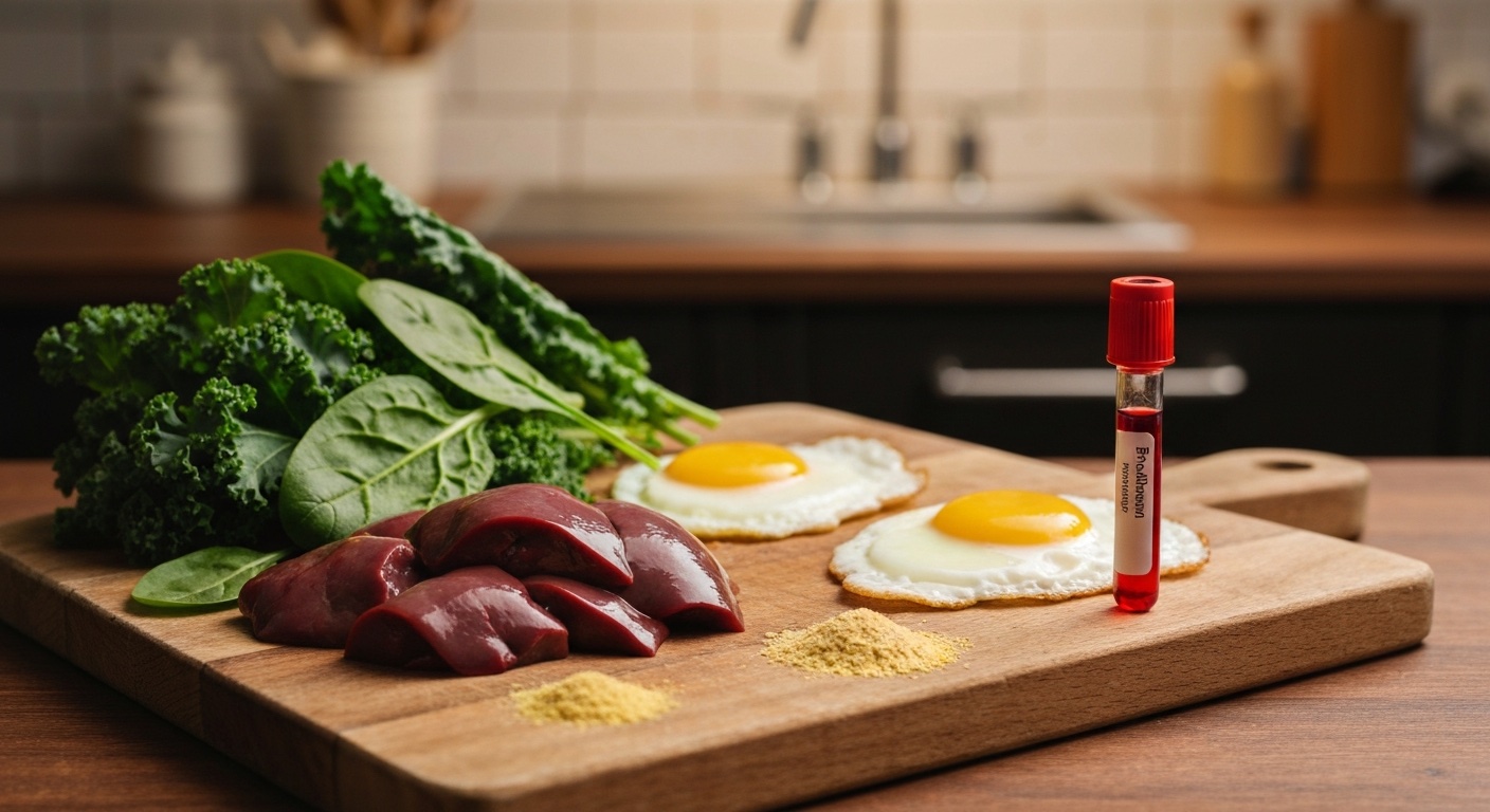 Donkere bladgroenten, lever, eieren en voedingsgist op een snijplank