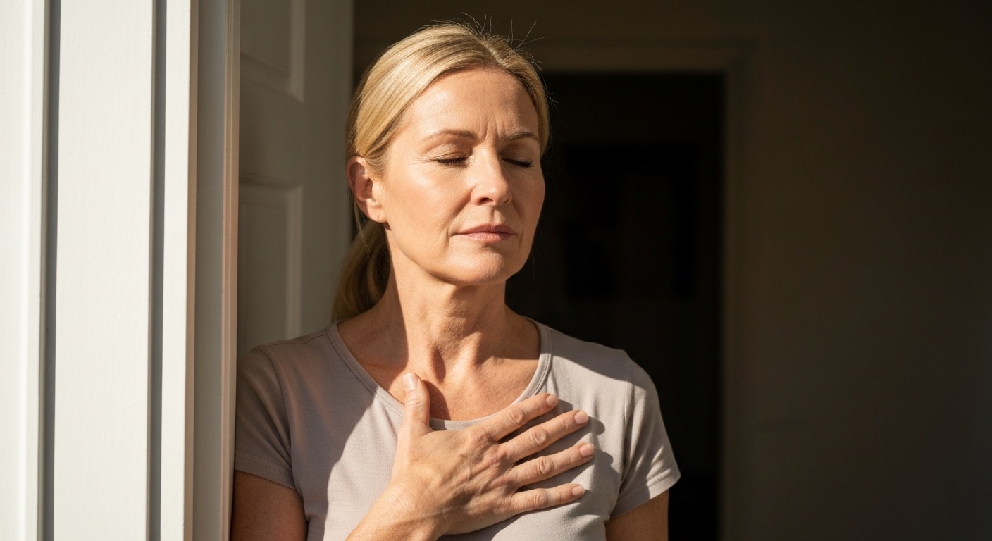 Persoon die met gesloten ogen rustig ademhaalt in een deuropening met zonlicht