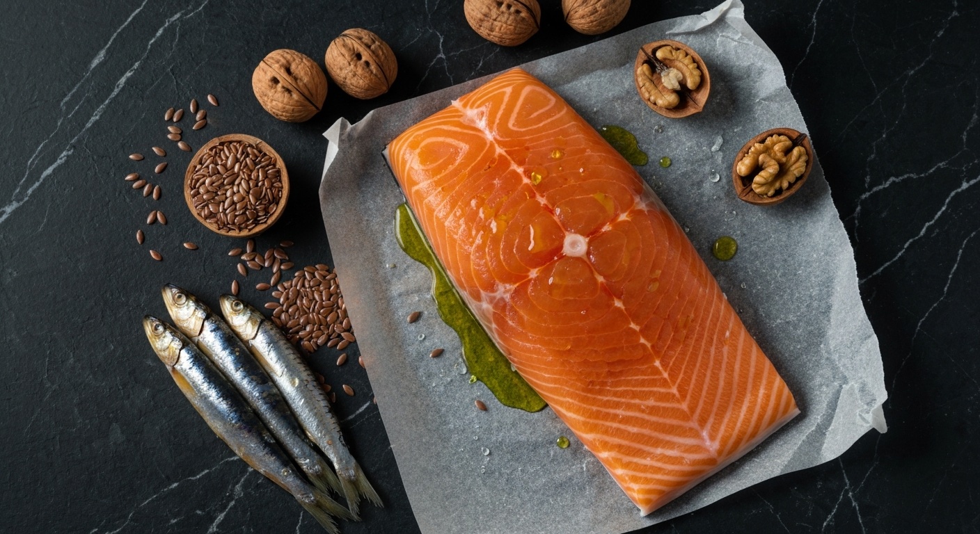 Zalmfilet met walnoten, lijnzaad en sardines op donker marmer