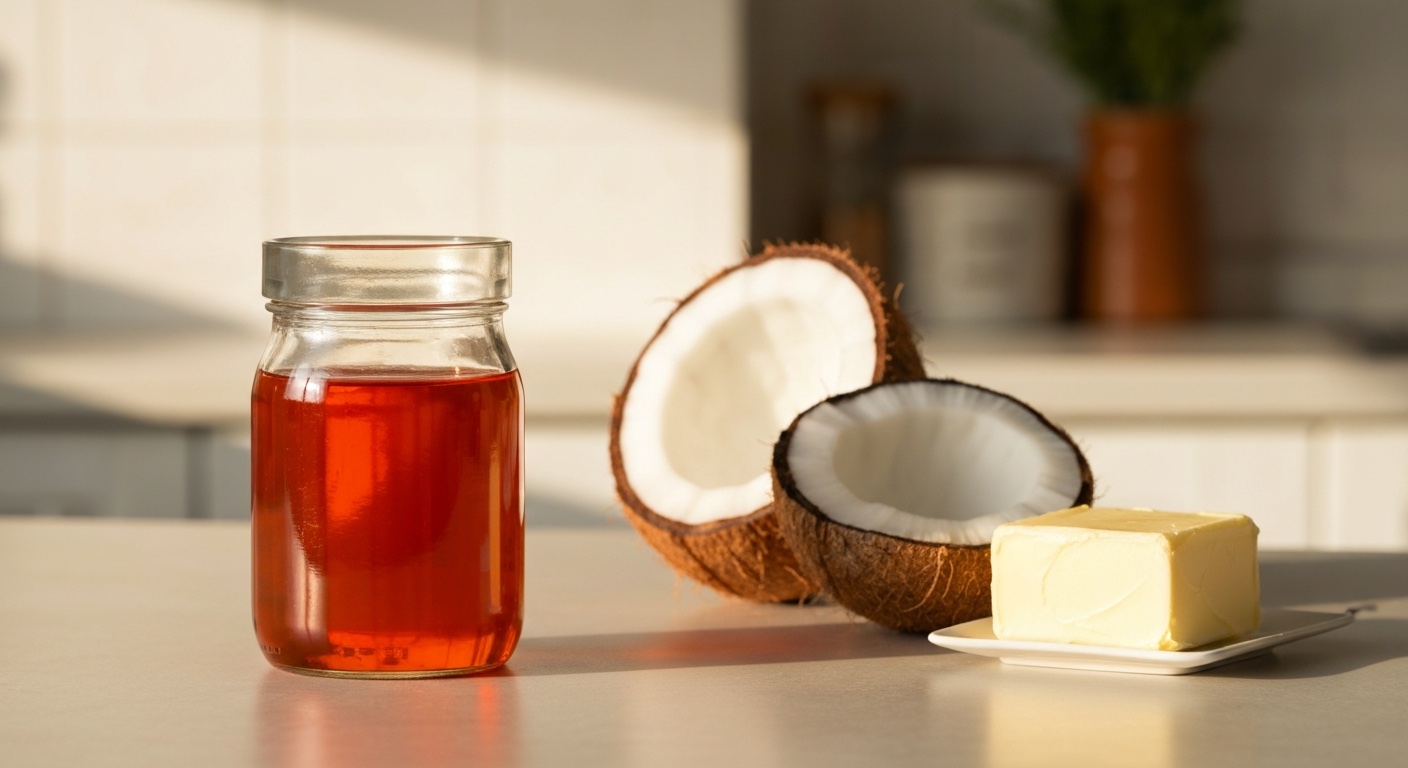 Palmolie naast kokosolie en boter op een keukenblad