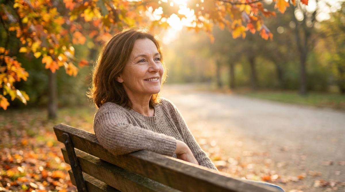 Tevreden persoon zit ontspannen op een parkbank in warm herfstlicht