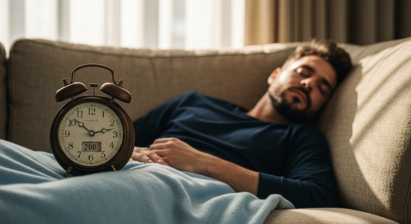 Persoon die een dutje doet op de bank met licht deken in middaglicht