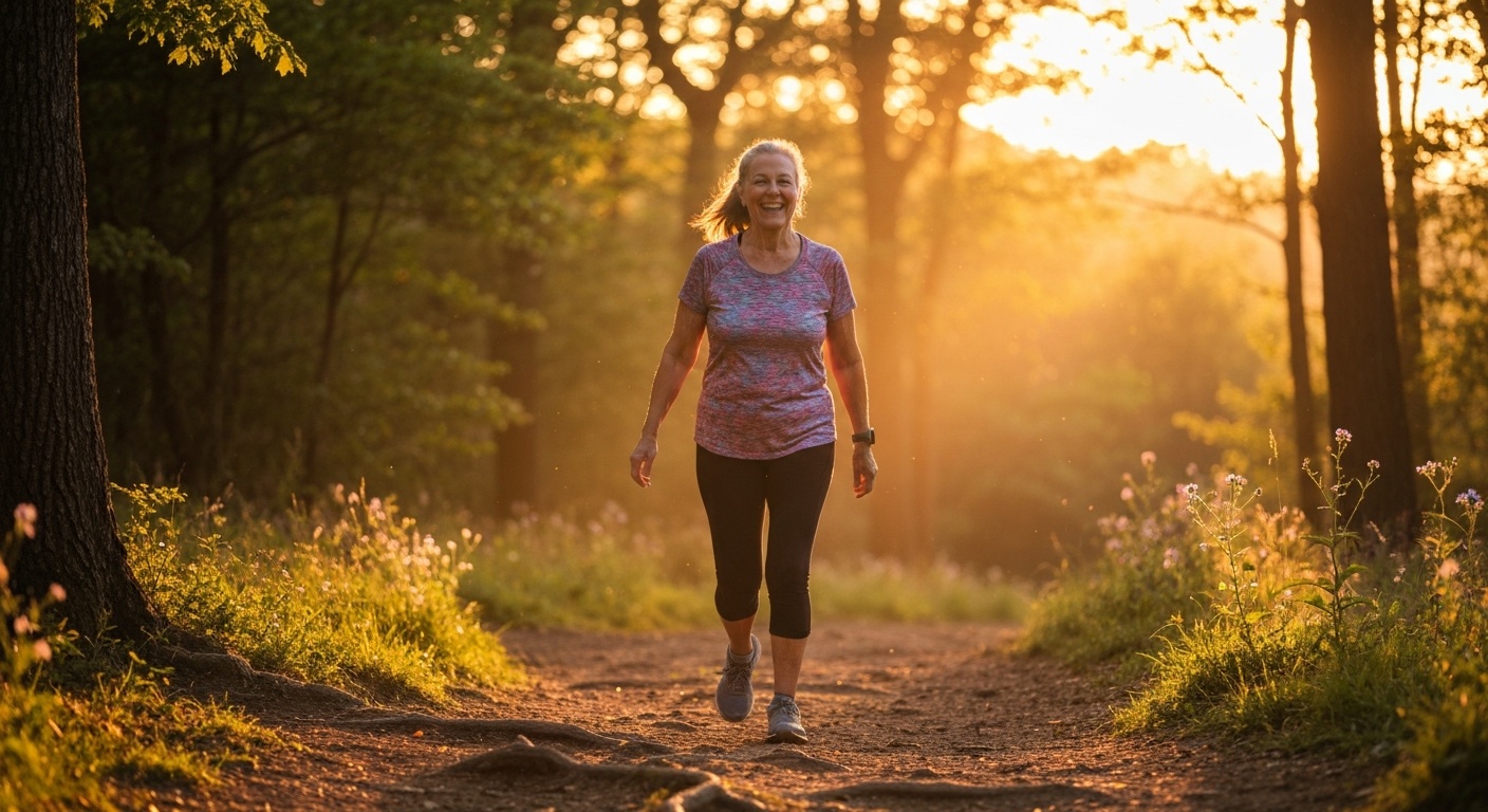 Persoon die blij over een bospad loopt bij zonsopgang