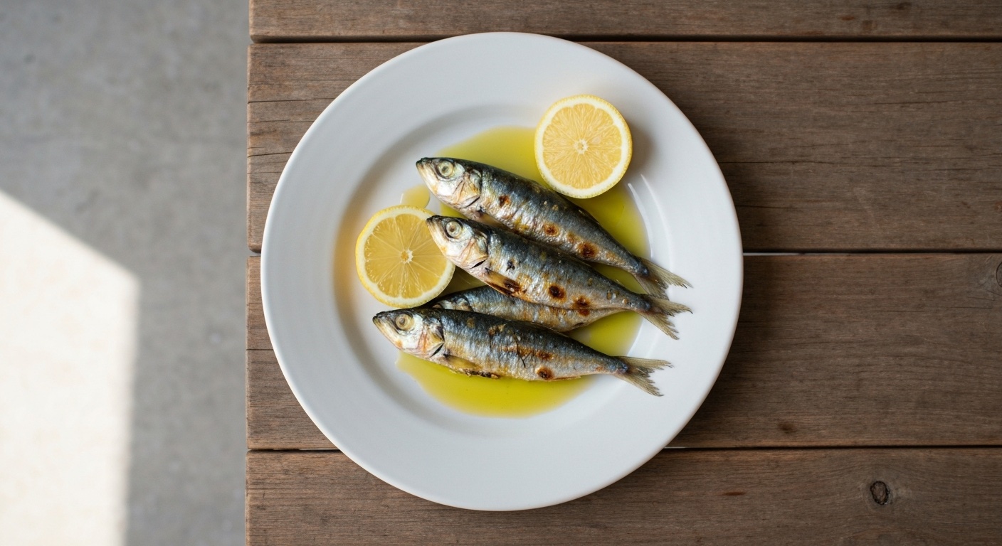 Bord met sardines, citroen en olijfolie op een rustieke houten tafel