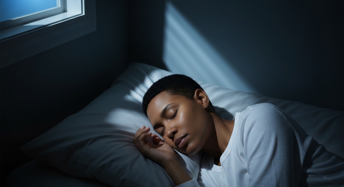 Persoon die vredig op de zij slaapt in een donkere slaapkamer met zacht blauw maanlicht
