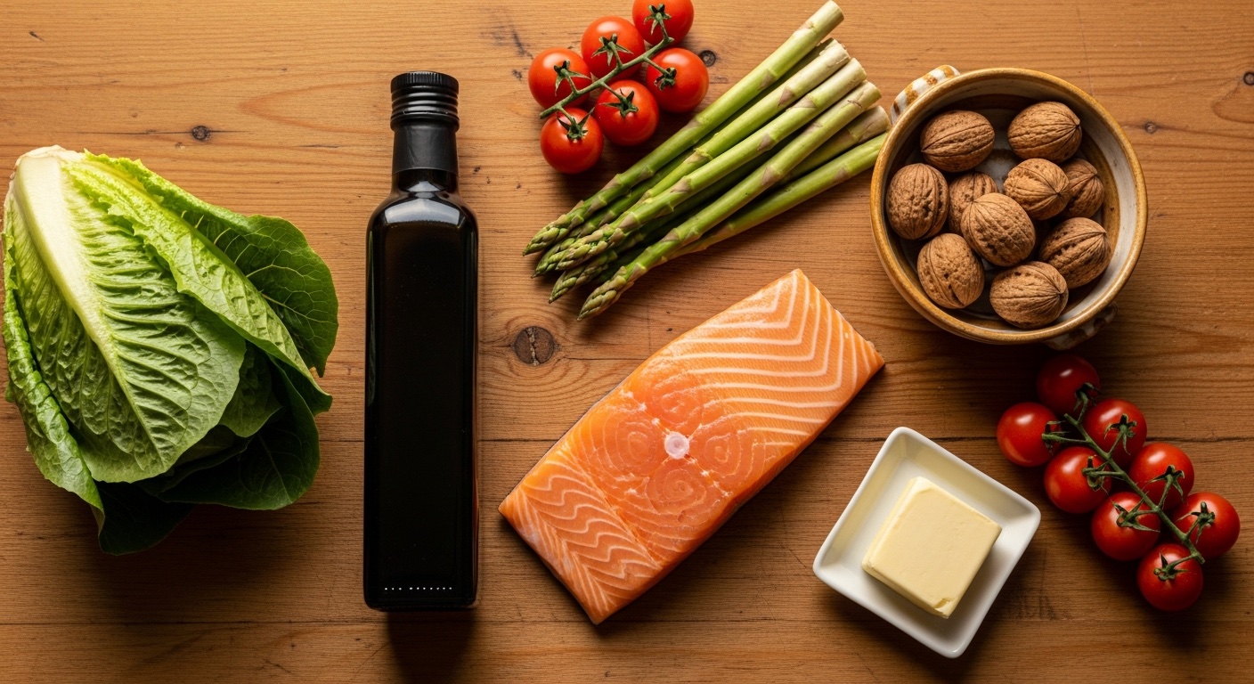 Fles olijfolie naast verse groenten en noten op een houten aanrecht